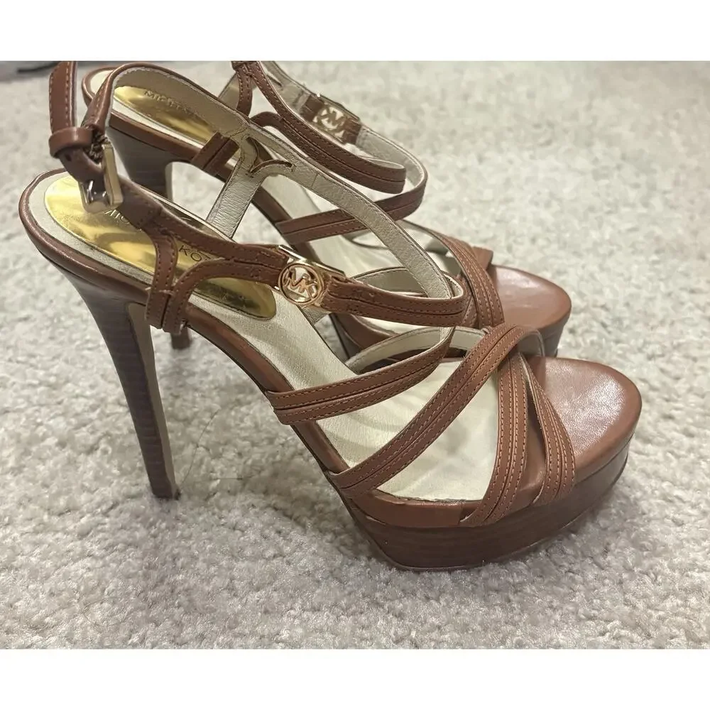 Michael Kors Cicely Brown Leather Strappy Platform Sandals Size 6.5